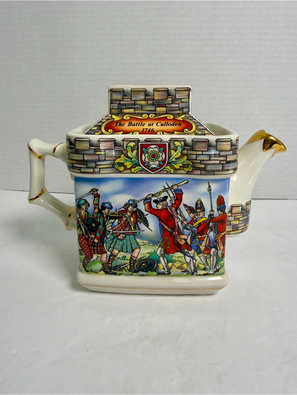 Sandler Multicolor Battle of Culloden Ceramic Teapot with Gold Accents